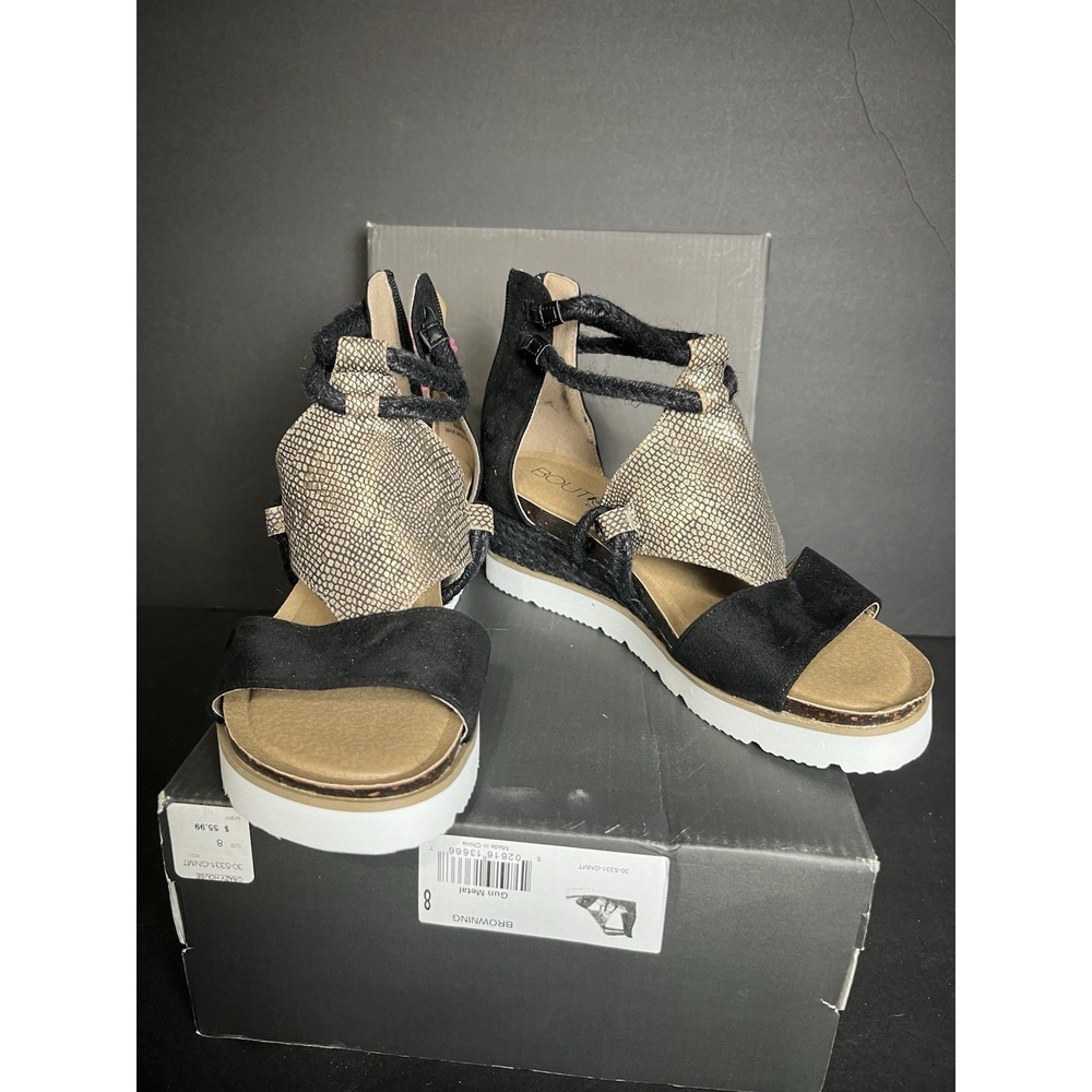 Women's BOUTIQUE by Corkys Open Toe High Wedge Shoe. Black/gun Metal 8M Straps